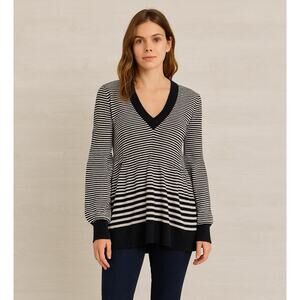 Stile Benetton‎ Wool Blend V-Neck Sweater Women Small Striped Black Grunge Cozy